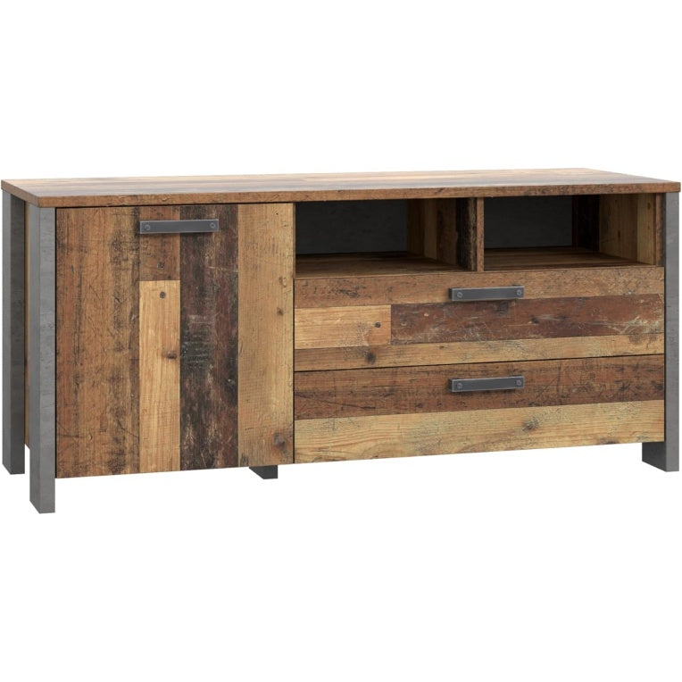 TV-Unterschrank mit 1 Tuer und 2 Schubladen aus Holzwerkstoff in Old Wood Vintage und dunkelgrauer Betonoptik, 141,7 ¡Á 63,9 ¡Á 52,3 cm
