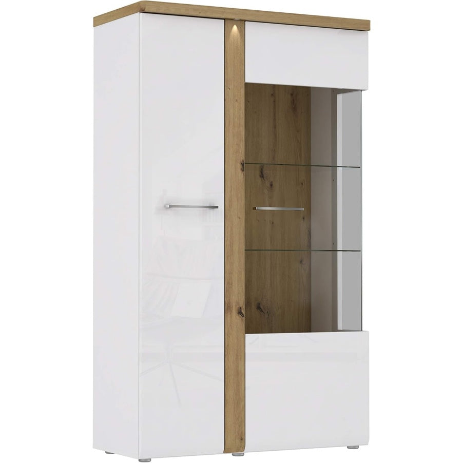 Vitrine mit 1 Tuer und 1 Glastuer aus Holzwerkstoff in Weiss, Artisan-Eiche und Weiss Hochglanz, 98,5 ¡Á 164 ¡Á 43,2 cm
