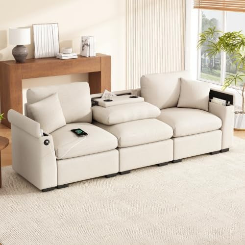 3-Sitzer Sofa mit klappbarer Rueckenlehne, Getraenkehalter, Stauraum und USB-Anschluss aus Chenille