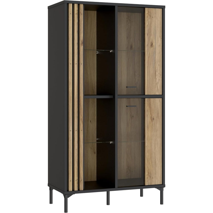 Vitrine mit 1 Glastuer und offenen Faechern aus Holzwerkstoff in Mauvella-Eiche und Schwarz, 87 ¡Á 162,2 ¡Á 41,5 cm