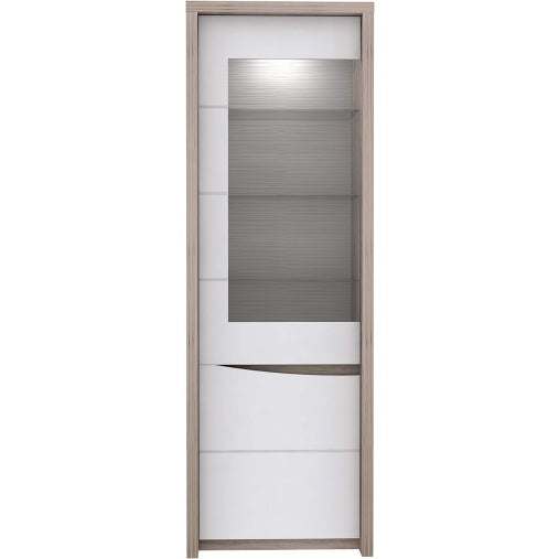 Vitrine mit 2 Tueren aus Holzwerkstoff in Weiss Hochglanz und Sandeiche, 63 ¡Á 190 ¡Á 42 cm
