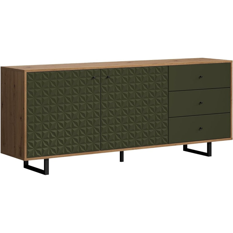 Sideboard in Dunkelgruen und Eiche mit 2 Tueren und 3 Schubladen, 183 ¡Á 75 ¡Á 40 cm
