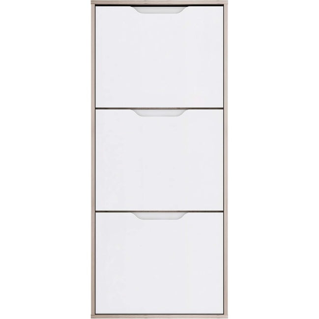 Schuhschrank mit 3 Klappen aus Holzwerkstoff in Sandeiche und Weiss Hochglanz, 129,7 ¡Á 55,2 ¡Á 27,9 cm