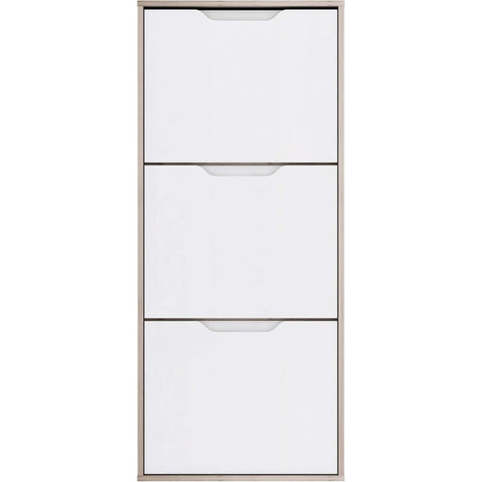 Schuhschrank mit 3 Klappen aus Holzwerkstoff in Sandeiche und Weiss Hochglanz, 129,7 ¡Á 55,2 ¡Á 27,9 cm
