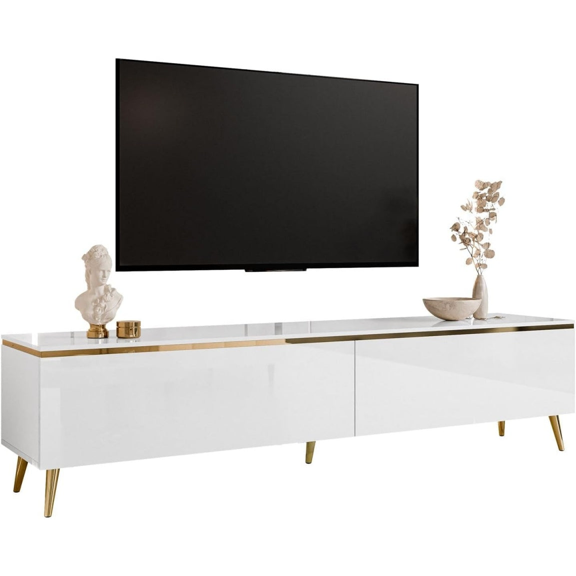 TV-Lowboard in Hochglanz-Weiss mit goldfarbenen Beinen, 180 cm