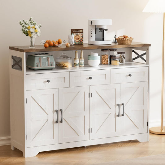 Sideboard mit Schubladen und offenem Regal, Aufbewahrungsschrank fuer Kueche, Esszimmer oder Wohnzimmer, 130 ¡Á 35 ¡Á 95 cm, Cremeweiss