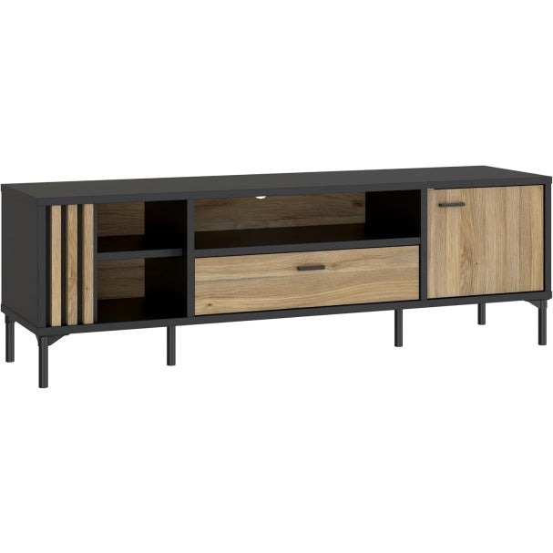TV-Lowboard im Skandi-Stil mit 1 Tuer, 1 Schublade und offenen Faechern aus Holzwerkstoff in Mauvella-Eiche und Schwarz, 159,5 ¡Á 51 ¡Á 41,5 cm