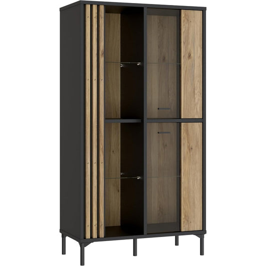 Vitrine mit 1 Glastuer und offenen Faechern aus Holzwerkstoff in Mauvella-Eiche und Schwarz, 87 ¡Á 162,2 ¡Á 41,5 cm
