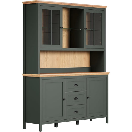 Buffetschrank mit Beleuchtung in Tannengruen und Eiche, 4 Tueren und 3 Schubladen, 146 ¡Á 198 ¡Á 45 cm