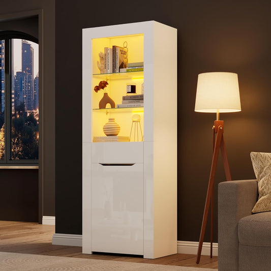 Vitrine mit LED-Beleuchtung, Glastuer, Schublade und grosszuegigem Stauraum
