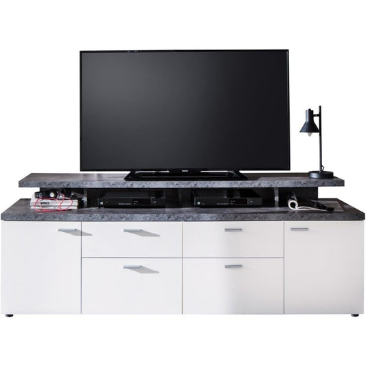 TV-Lowboard in Weiss und Grau mit 2 Tueren, 2 Schubladen und 2 Klappen, 180 ¡Á 66 ¡Á 47 cm