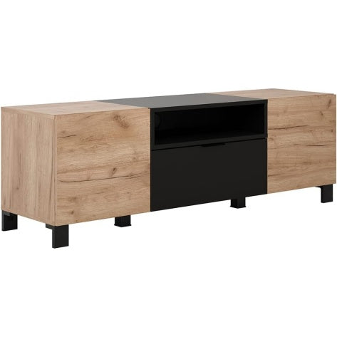TV-Lowboard in Eiche und Schwarz mit 2 verstellbaren Einlegeb?den, 144 ¡Á 47 ¡Á 40 cm
