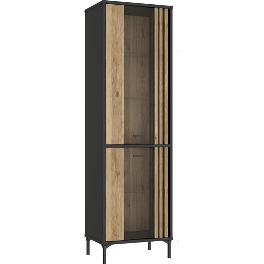 Vitrine mit 2 Glastueren und Lamellendesign aus Holzwerkstoff in Mauvella-Eiche und Schwarz, 59 ¡Á 197,4 ¡Á 41,5 cm