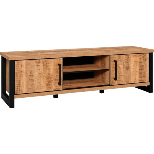 TV-Lowboard in Mango und Schwarz mit 2 Tueren und offenen Faechern, fuer Fernseher bis 65 Zoll, 166 ¡Á 50 ¡Á 45 cm