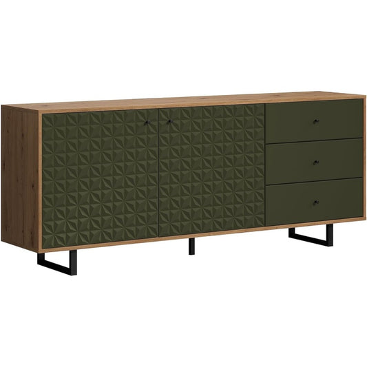 Sideboard in Dunkelgruen und Eiche mit 2 Tueren und 3 Schubladen, 183 ¡Á 75 ¡Á 40 cm