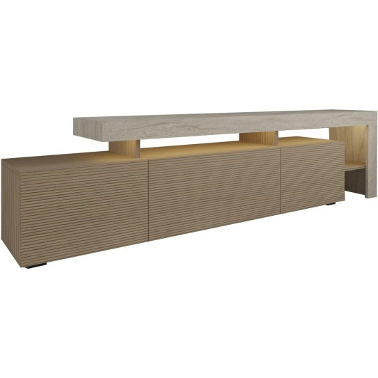 TV-Lowboard mit LED-Beleuchtung in Travertin- und Eichenoptik, 192 cm
