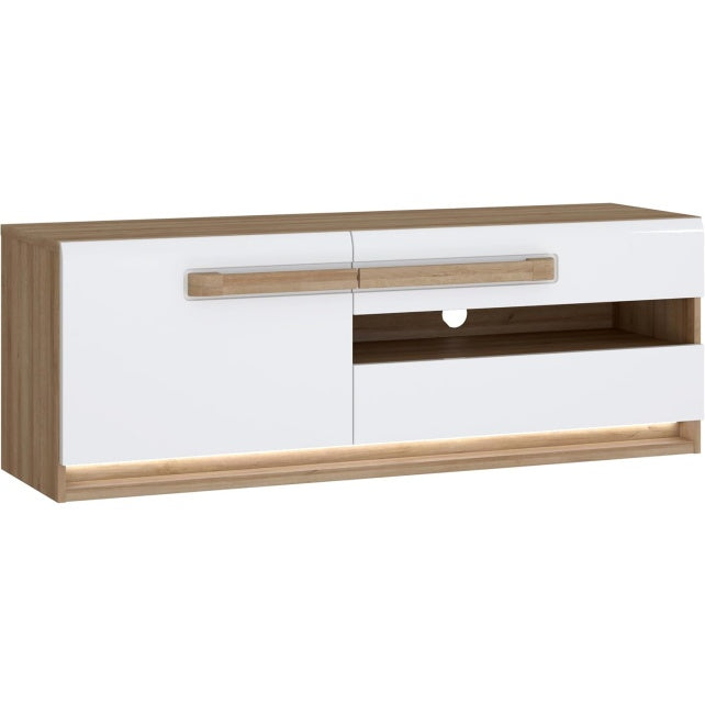 TV-Lowboard mit 1 Tuer, 1 Schublade und offenem Fach mit Kabeldurchlass aus Holzwerkstoff in Riviera-Eiche und Weiss Hochglanz, 139,9 ¡Á 50 ¡Á 41,5 cm