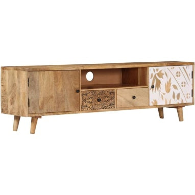 TV-Lowboard aus massivem Mangoholz mit 2 Schubladen, 2 Tueren und offenem Fach